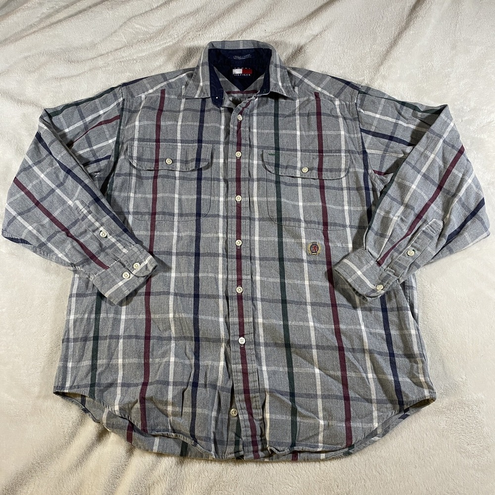 VTG Tommy Hilfiger Flannel Men Small Button Down Shirt Cotton Grey Plaid Classic